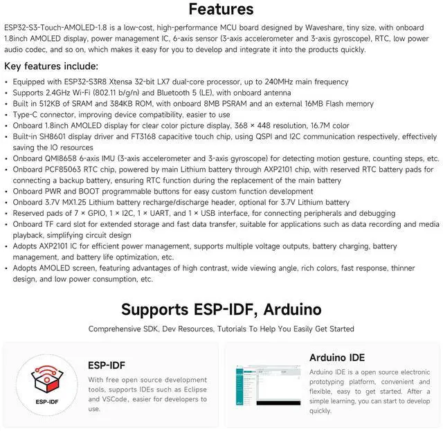 Alt view image 4 of 5 - Waveshare ESP32-S3 1.8inch AMOLED Touch Display, Embedded with SH8601 Display Driver and FT3168 Capacitive Touch Chip, ESP32 with Display,32-bit LX7 Dual-core Processor, 368×448 Pixels