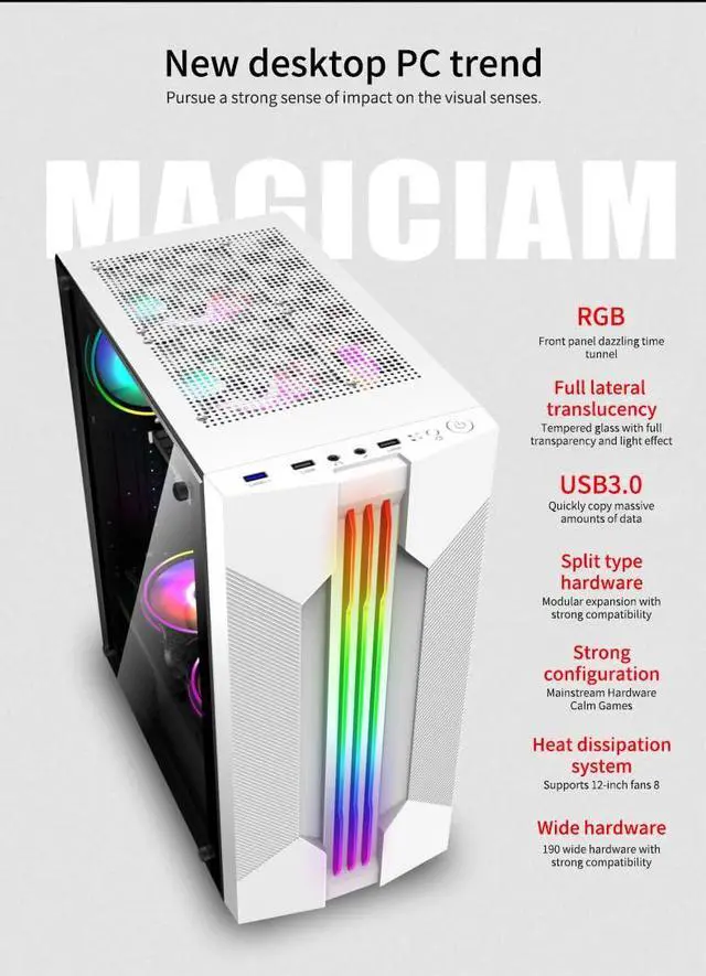 Alt view image 3 of 5 - Computer Case Gaming PC Chassis Micro-ATX Tower Adjustable I/O & Fully Ventilated Airflow Tempered Glass Medium Upright High Airflow 240 Water Cooling Support White Without ARGB Fan