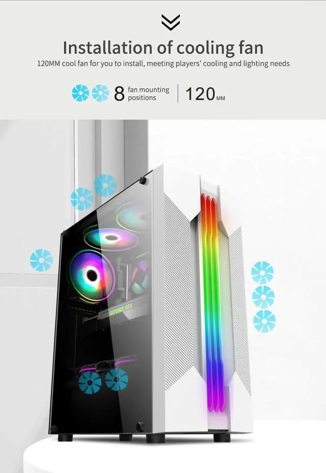 Alt view image 5 of 5 - Computer Case Gaming PC Chassis Micro-ATX Tower Adjustable I/O & Fully Ventilated Airflow Tempered Glass Medium Upright High Airflow 240 Water Cooling Support White Without ARGB Fan