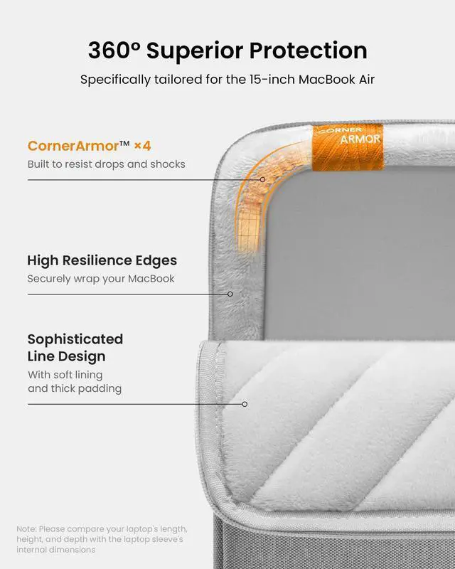 Alt view image 4 of 5 - tomtoc 360° Protective Laptop Sleeve for 15-inch MacBook Air M4/A3241 2025, M3/A3114 2024, M2/A2941 2023, 15-inch MacBook Pro A1990 A1707, Dell XPS 15 Plus Laptop, Water-Resistant Computer Case Bag