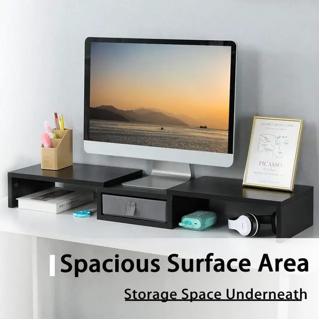 Alt view image 2 of 5 - TEAMIX Dual Monitor Stand Riser with Drawer - Length and Angle Adjustable Double Monitor Riser Corner Desk Shelf Organizer 37 inch Long Monitor Riser for 2 Monitors/Laptop/PC/Screen/TV