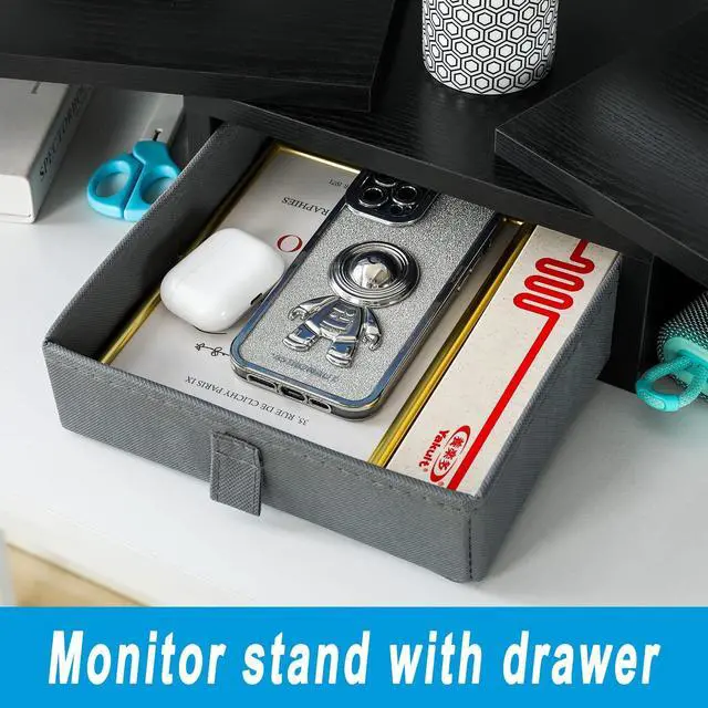 Alt view image 3 of 5 - TEAMIX Dual Monitor Stand Riser with Drawer - Length and Angle Adjustable Double Monitor Riser Corner Desk Shelf Organizer 37 inch Long Monitor Riser for 2 Monitors/Laptop/PC/Screen/TV