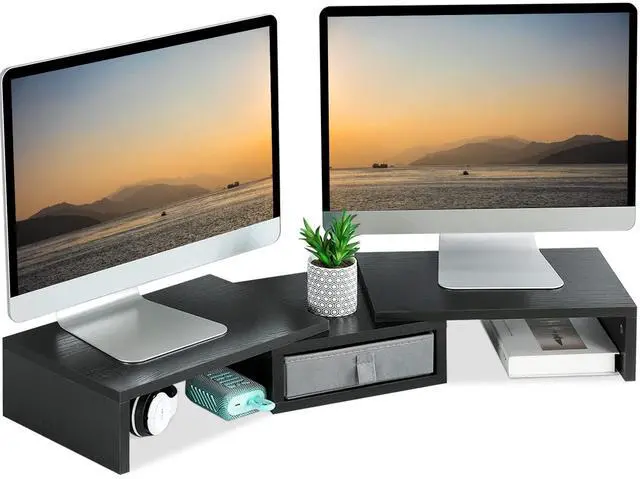 Main image of TEAMIX Dual Monitor Stand Riser with Drawer - Length and Angle Adjustable Double Monitor Riser Corner Desk Shelf Organizer 37 inch Long Monitor Riser for 2 Monitors/Laptop/PC/Screen/TV