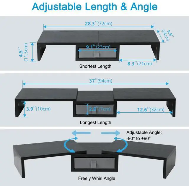 Alt view image 5 of 5 - TEAMIX Dual Monitor Stand Riser with Drawer - Length and Angle Adjustable Double Monitor Riser Corner Desk Shelf Organizer 37 inch Long Monitor Riser for 2 Monitors/Laptop/PC/Screen/TV