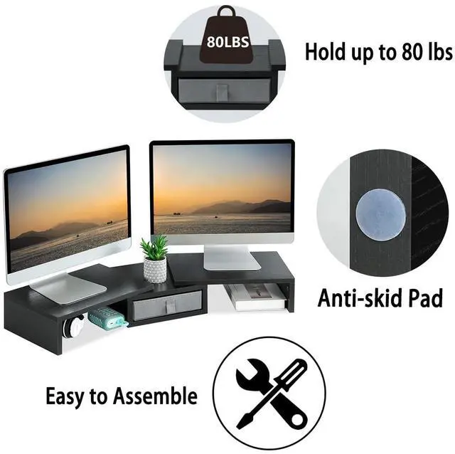 Alt view image 4 of 5 - TEAMIX Dual Monitor Stand Riser with Drawer - Length and Angle Adjustable Double Monitor Riser Corner Desk Shelf Organizer 37 inch Long Monitor Riser for 2 Monitors/Laptop/PC/Screen/TV