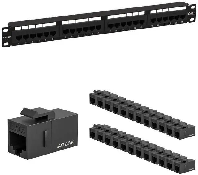 Main image of iwillink 24 Port Patch Panel, Cat6 Patch Panel, RJ45 Keystone Network Patch Panel Rackmount or Wall Mount for Gigabit Network Switch and Other Ethernet Devices and RJ45 Cat6 Keystone Coupler