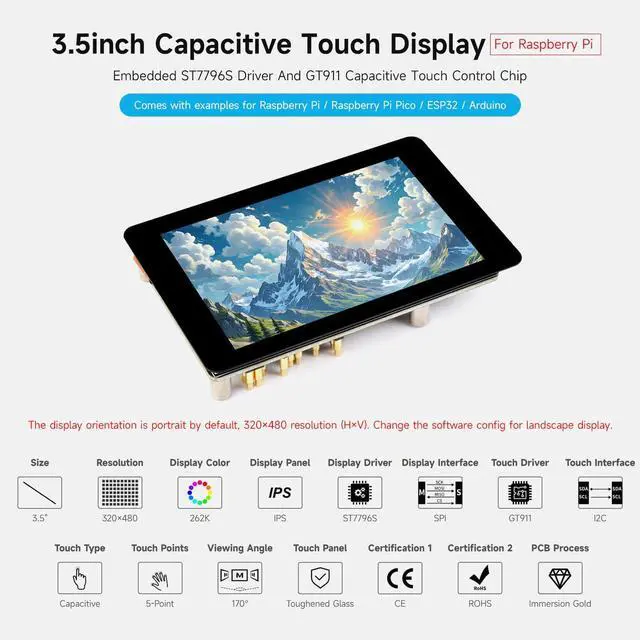 Alt view image 3 of 5 - Waveshare 3.5inch Capacitive Touch Display, Compatible with Raspberry Pi 5/4B/3B, Pi Pico, IPS Panel, 320×480, 5-Point Touch, Immersion Gold Process, Toughened Glass Panel