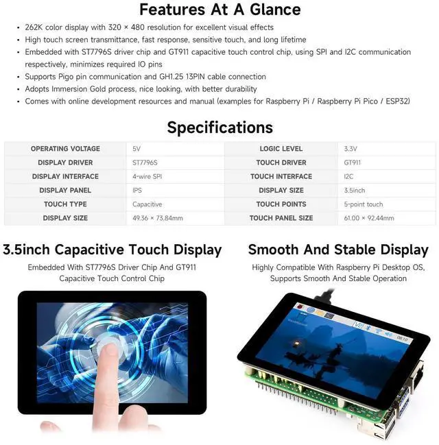 Alt view image 4 of 5 - Waveshare 3.5inch Capacitive Touch Display, Compatible with Raspberry Pi 5/4B/3B, Pi Pico, IPS Panel, 320×480, 5-Point Touch, Immersion Gold Process, Toughened Glass Panel