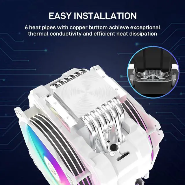 Alt view image 3 of 5 - ALSEYE M120D Plus Black CPU Cooler with Temperature Display, Dual ARGB & PWM Fans, 6 Copper Heat Pipes, Compatible with Intel LGA1700/1200/115X/2011/2066/1366 and AMD AM4/AM5 (White)