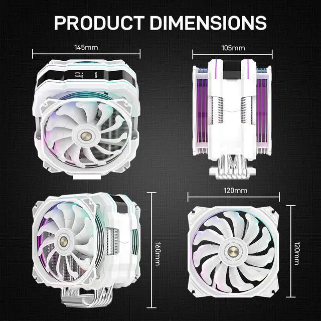 Alt view image 5 of 5 - ALSEYE M120D Plus Black CPU Cooler with Temperature Display, Dual ARGB & PWM Fans, 6 Copper Heat Pipes, Compatible with Intel LGA1700/1200/115X/2011/2066/1366 and AMD AM4/AM5 (White)