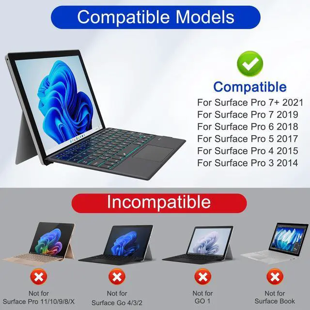 Alt view image 2 of 5 - Surface Pro 7 Keyboard for Microsoft Surface Pro 7/7+/6/5/4/3, Ultra-Slim Bluetooth Type Cover For Surface Pro with 7 Colors Backlit, Touchpad, Surface Pro 4 Keyboard,Magnetic Detachable,Rechargeable