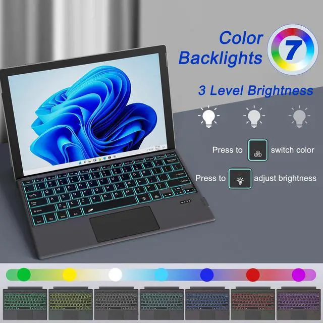 Alt view image 4 of 5 - Surface Pro 7 Keyboard for Microsoft Surface Pro 7/7+/6/5/4/3, Ultra-Slim Bluetooth Type Cover For Surface Pro with 7 Colors Backlit, Touchpad, Surface Pro 4 Keyboard,Magnetic Detachable,Rechargeable