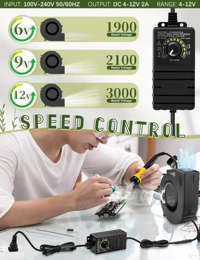 Alt view image 5 of 5 - AmRunJe 140mm x 40mm Blower Fan with AC 110v 120v Variable Speed Controller, 12V Dual Ball Brushless Cooling Exhaust Replacement Fan for DIY Inflatable Christmas Decoration Electronics Fireplace