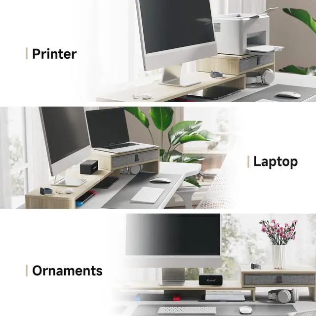 Alt view image 4 of 5 - Fenge Computer Monitor Riser Stand with Drawer for 2 or 3 Monitors ,Adjustable Length and Angle Desktop Laptop Stand,Office Organizer,Printer,Oak