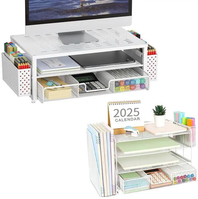 Main image of gianotter 4-Tier Paper Letter Tray + Monitor Stand with Storage (White)
