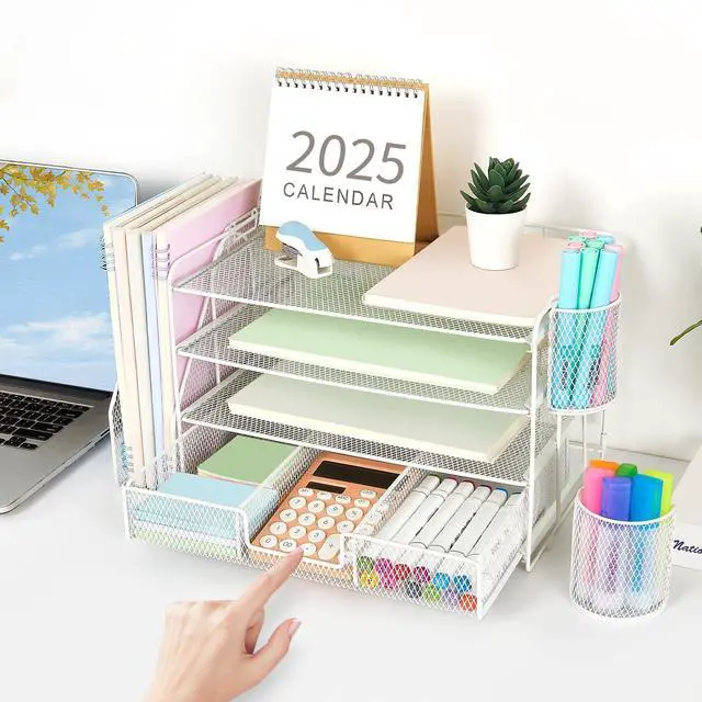 Alt view image 5 of 5 - gianotter 4-Tier Paper Letter Tray + Monitor Stand with Storage (White)