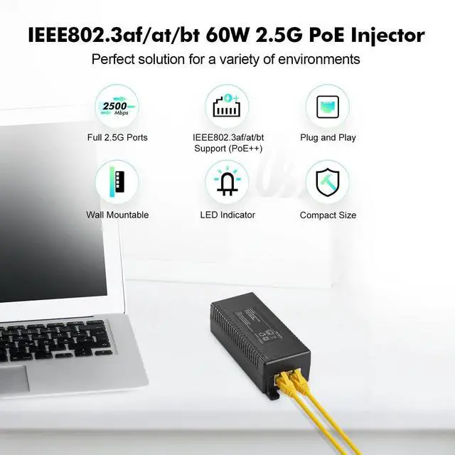 Alt view image 2 of 5 - YuLinca 2.5 Gigabit PoE+ Injector, 802.3af/at/bt 60W Power Over Ethernet PoE Adapter, 100/1000/2500Mbps, Non-PoE to PoE Adapter, Plug & Play, Distance Up to 100 Meters (328 ft.)