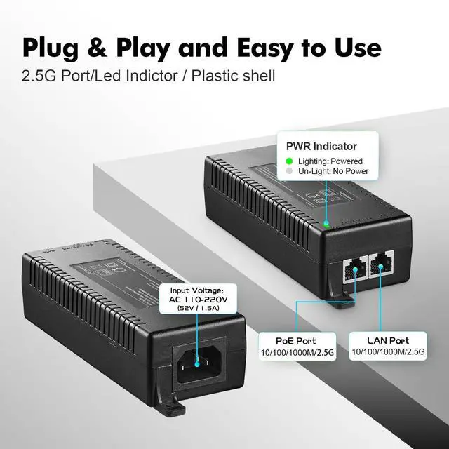Alt view image 3 of 5 - YuLinca 2.5 Gigabit PoE+ Injector, 802.3af/at/bt 60W Power Over Ethernet PoE Adapter, 100/1000/2500Mbps, Non-PoE to PoE Adapter, Plug & Play, Distance Up to 100 Meters (328 ft.)