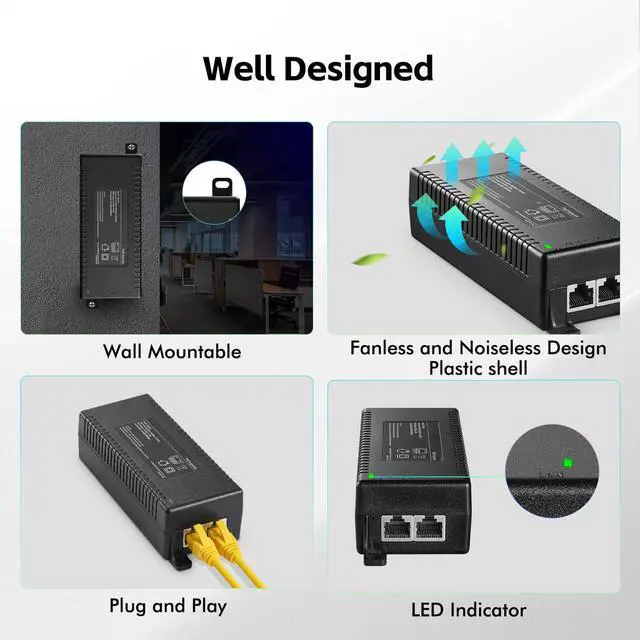 Alt view image 5 of 5 - YuLinca 2.5 Gigabit PoE+ Injector, 802.3af/at/bt 60W Power Over Ethernet PoE Adapter, 100/1000/2500Mbps, Non-PoE to PoE Adapter, Plug & Play, Distance Up to 100 Meters (328 ft.)