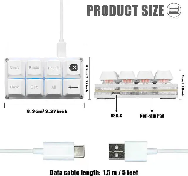 Alt view image 2 of 5 - BTXETUEL Copy Paste Search Backspace Save Cut All Enter 8-Key Keyboard SayoDevice One Handed OSU Keypad Programmable Mechanical Shortcut Macro Keyboard for Working and Gaming (White)