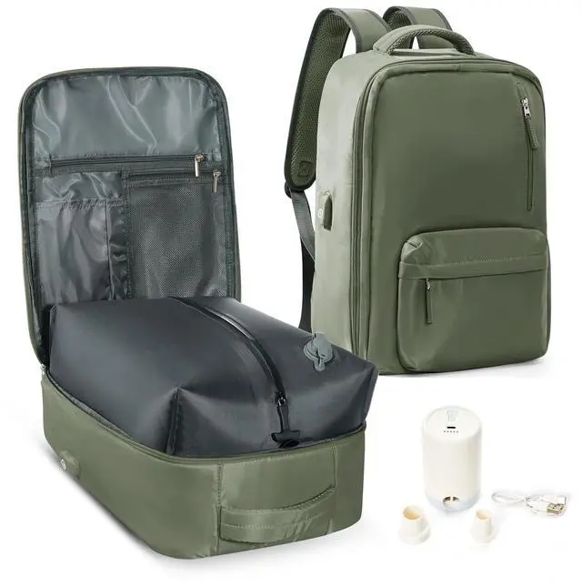 Main image of Vacuum Seal Backpack for Travel with Air Pump Vacpack Airback Carry on Flight Approved Compression Daypack Laptop Space Saver Bags Storage with Vacuum System 18x14x8 inches Travel Bag Women GreyGreen