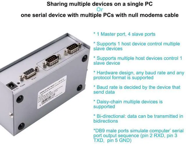 Alt view image 5 of 5 - DTech 2-Port RS232 Serial Splitter Box COM Port Expander 1x2 with Power Adapter for Sharing PCs and Capture Data