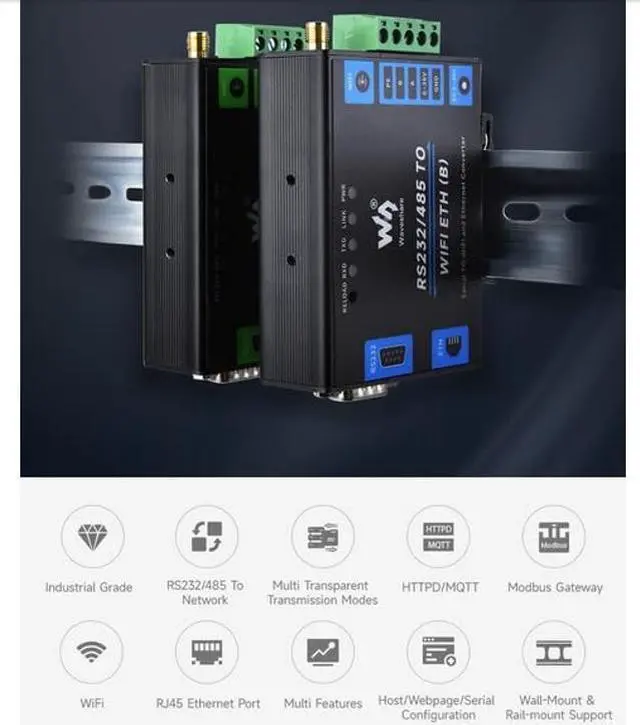 Alt view image 2 of 5 - Waveshare Industrial Grade Serial Server RS232/RS485 to WiFi and Ethernet, Ethernet to WiFi Converter with Metal Case, Modbus Gateway/MQTT Gateway, Support Wail-Mount and Rail-Mount DC 6~36V
