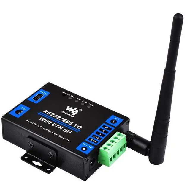 Main image of Waveshare Industrial Grade Serial Server RS232/RS485 to WiFi and Ethernet, Ethernet to WiFi Converter with Metal Case, Modbus Gateway/MQTT Gateway, Support Wail-Mount and Rail-Mount DC 6~36V
