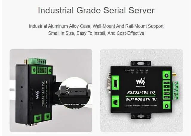 Alt view image 5 of 5 - Waveshare Industrial Grade Serial Server RS232/RS485 to WiFi and Ethernet, Ethernet to WiFi Converter with Metal Case, Modbus Gateway/MQTT Gateway, Support Wail-Mount and Rail-Mount DC 6~36V