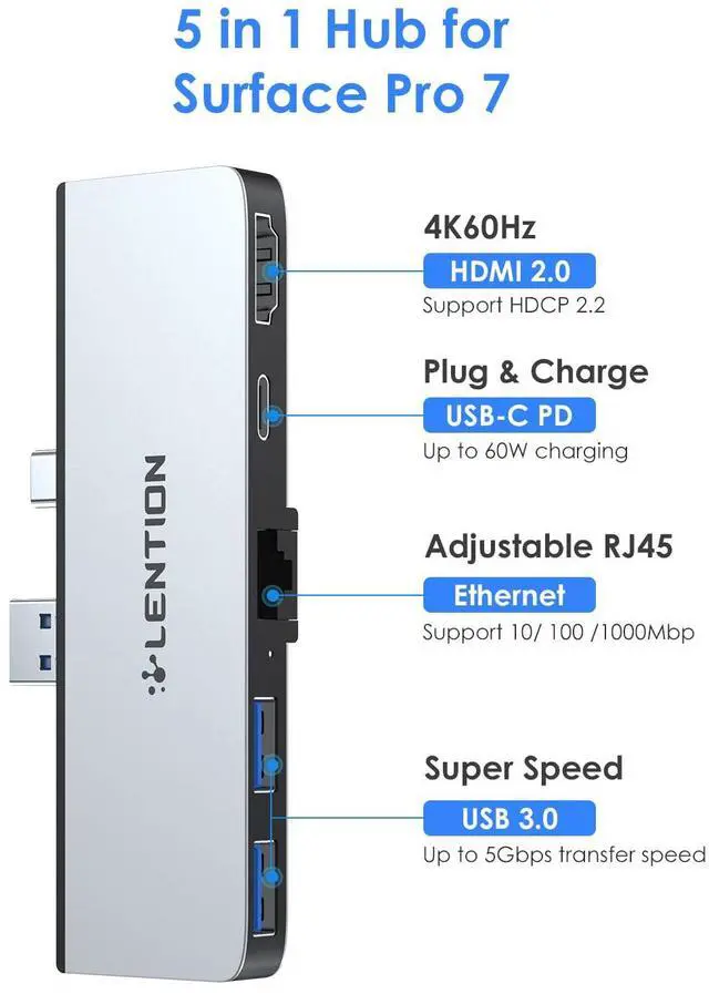 Alt view image 2 of 5 - LENTION Surface Pro 7 USB C Docking Station, 5-in-1 Hub With 4K@60Hz HDMI, Gigabit Ethernet, 2 USB 3.0 Ports, PD 60W Type C Charging (CS35, Silver)