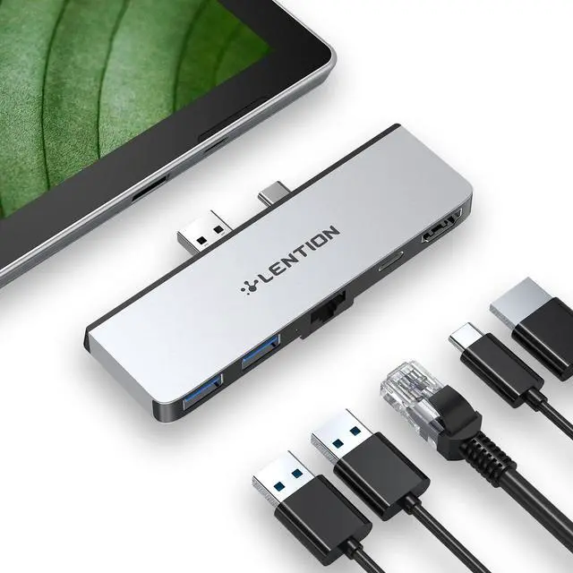 Main image of LENTION Surface Pro 7 USB C Docking Station, 5-in-1 Hub With 4K@60Hz HDMI, Gigabit Ethernet, 2 USB 3.0 Ports, PD 60W Type C Charging (CS35, Silver)
