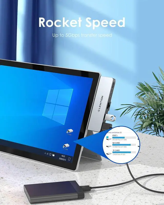 Alt view image 4 of 5 - LENTION Surface Pro 7 USB C Docking Station, 5-in-1 Hub With 4K@60Hz HDMI, Gigabit Ethernet, 2 USB 3.0 Ports, PD 60W Type C Charging (CS35, Silver)