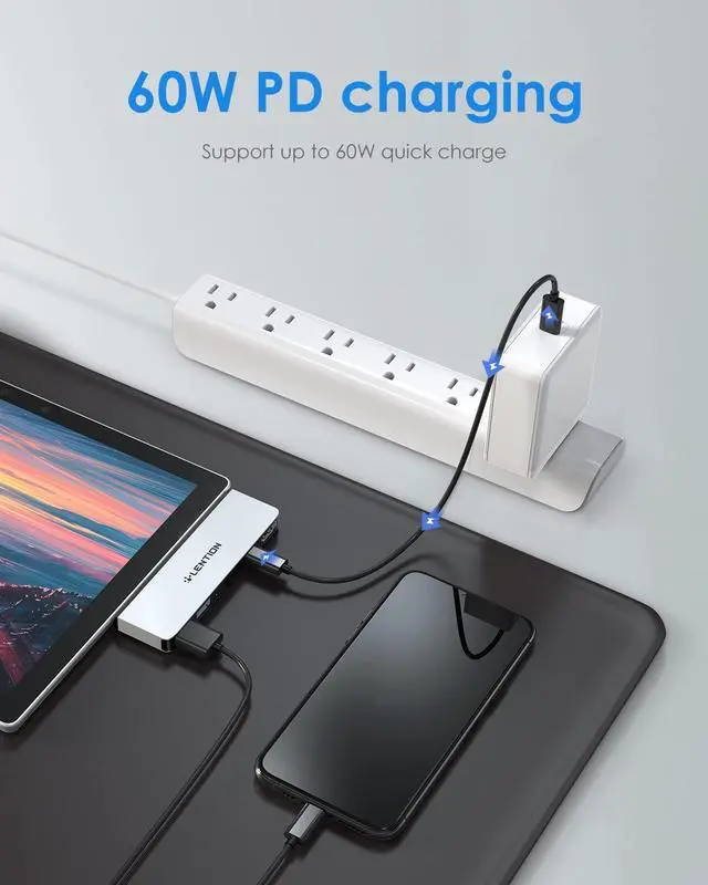 Alt view image 5 of 5 - LENTION Surface Pro 7 USB C Docking Station, 5-in-1 Hub With 4K@60Hz HDMI, Gigabit Ethernet, 2 USB 3.0 Ports, PD 60W Type C Charging (CS35, Silver)