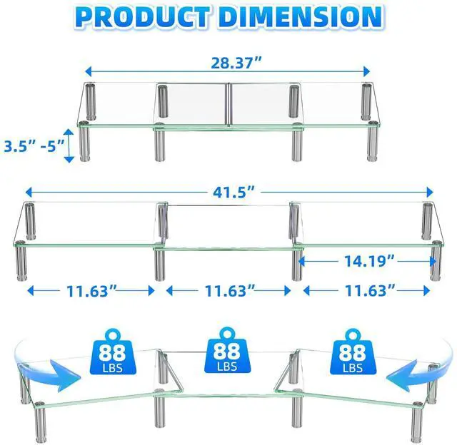 Alt view image 2 of 5 - Simple Trending Dual Monitor Stand Riser, Computer Office Desktop Organizer for 2 Monitors with Tempered Glass, Adjustable Length and Angle Stand for Laptop,Printer,TV