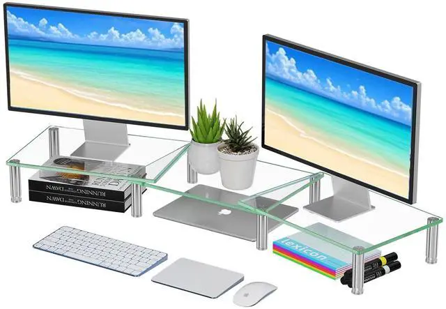 Main image of Simple Trending Dual Monitor Stand Riser, Computer Office Desktop Organizer for 2 Monitors with Tempered Glass, Adjustable Length and Angle Stand for Laptop,Printer,TV