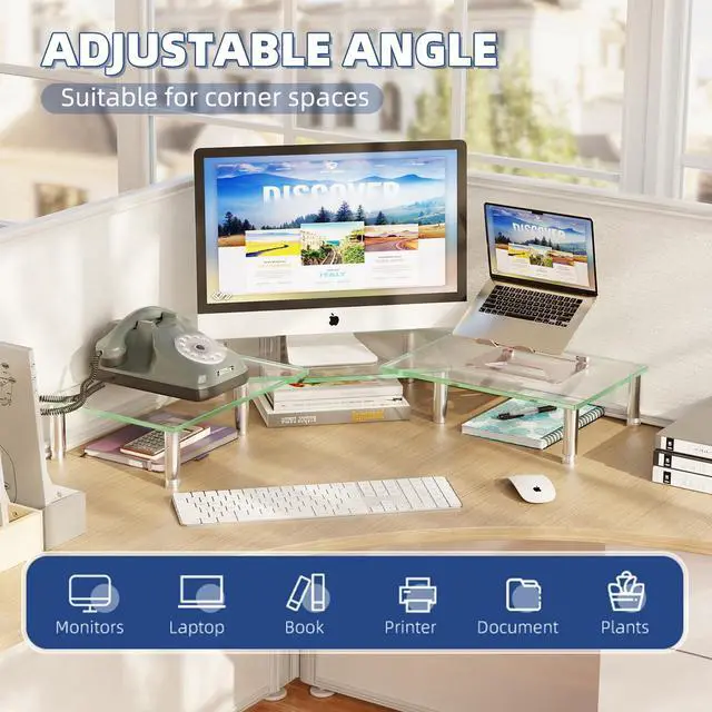 Alt view image 3 of 5 - Simple Trending Dual Monitor Stand Riser, Computer Office Desktop Organizer for 2 Monitors with Tempered Glass, Adjustable Length and Angle Stand for Laptop,Printer,TV