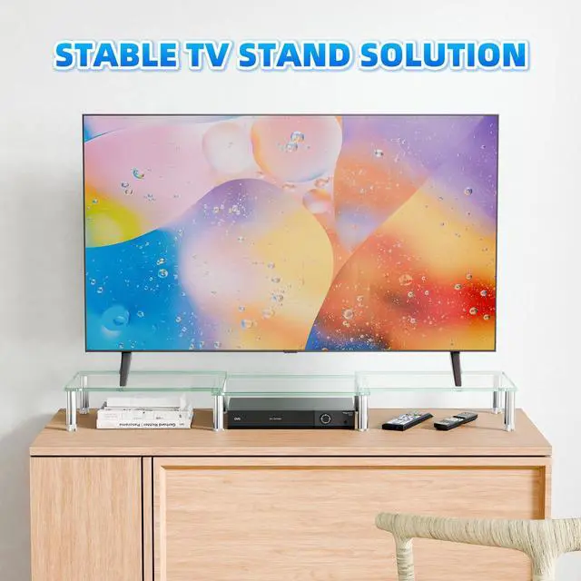 Alt view image 5 of 5 - Simple Trending Dual Monitor Stand Riser, Computer Office Desktop Organizer for 2 Monitors with Tempered Glass, Adjustable Length and Angle Stand for Laptop,Printer,TV