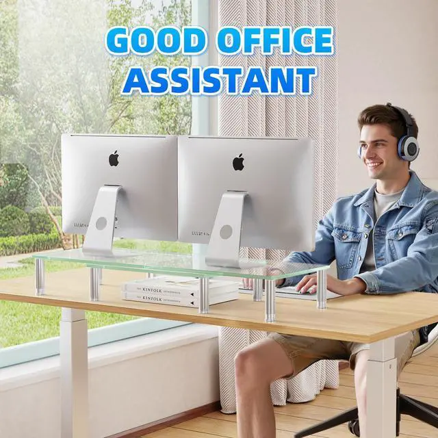Alt view image 4 of 5 - Simple Trending Dual Monitor Stand Riser, Computer Office Desktop Organizer for 2 Monitors with Tempered Glass, Adjustable Length and Angle Stand for Laptop,Printer,TV