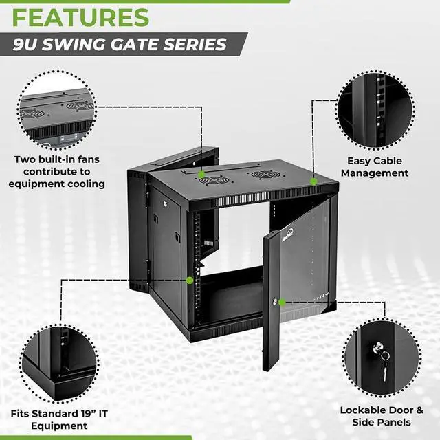 Alt view image 2 of 5 - NavePoint Server Cabinet with Hinged Back - 21.6' Deep, 9U Rack Enclosure with Locking Glass Door, Wall Mount Rack with Removable Side Panels, Network Cabinet with 2 Fans, Pre-Assembled