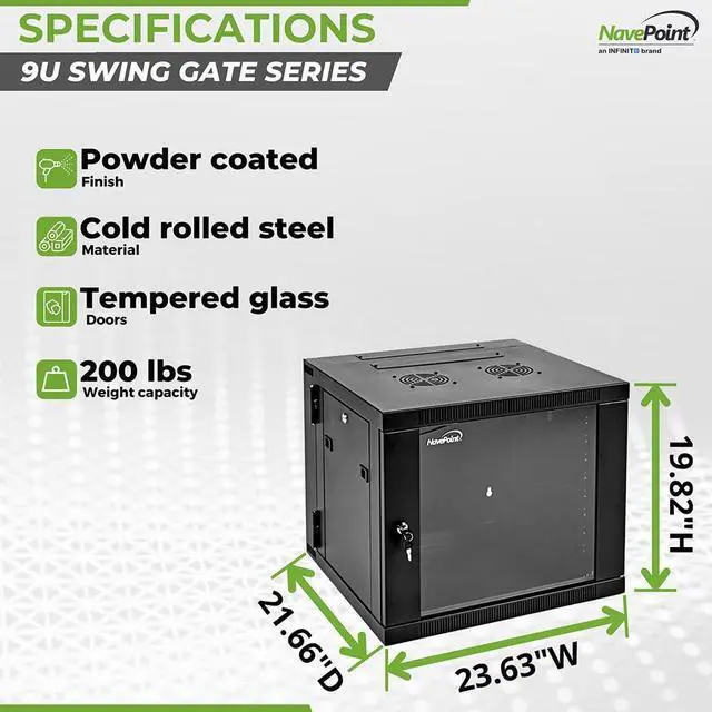 Alt view image 4 of 5 - NavePoint Server Cabinet with Hinged Back - 21.6' Deep, 9U Rack Enclosure with Locking Glass Door, Wall Mount Rack with Removable Side Panels, Network Cabinet with 2 Fans, Pre-Assembled