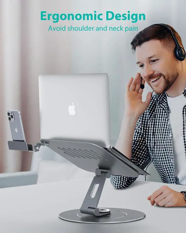 Alt view image 2 of 5 - Adjustable Laptop Riser, 360 Rotating Stand with Phone Holder, Foldable for Desk, Ergonomic for MacBook & All Notebooks up to 17.3 inches - Grey