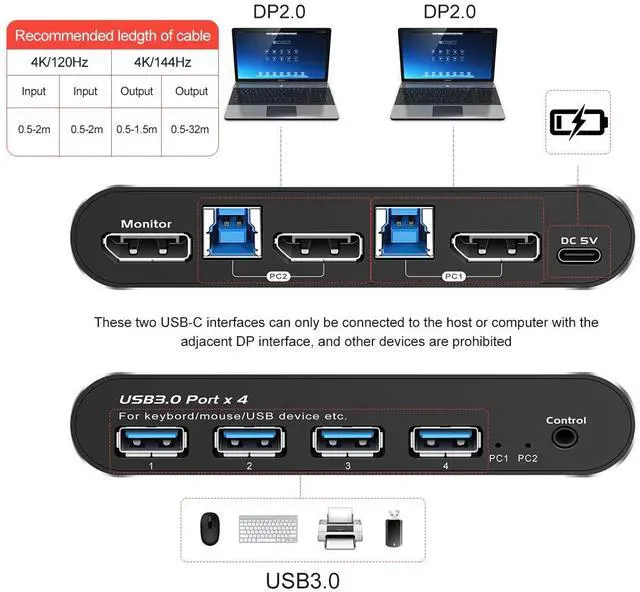 Alt view image 4 of 5 - GiantMatrix Displayport kvm Switch 1 Monitors 2 Computers 1440p 2 Port kvm Switch displayport 165hz PC Switch 1 Monitor 2 Computers displayport 2.0 1440p 120hz 144hz 165hz 180hz 240hz FreeSync G-SYNC