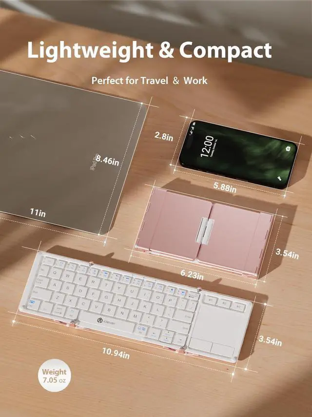 Alt view image 2 of 5 - iClever Bluetooth Keyboard with Touchpad, Foldable Keyboard, Metal Body, Gesture Support, USB-C Charge, Pocket-Size Wireless for Travel, iPad, iPhone, Android, Windows, Pink White