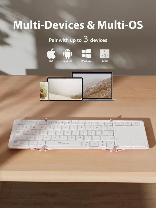 Alt view image 4 of 5 - iClever Bluetooth Keyboard with Touchpad, Foldable Keyboard, Metal Body, Gesture Support, USB-C Charge, Pocket-Size Wireless for Travel, iPad, iPhone, Android, Windows, Pink White