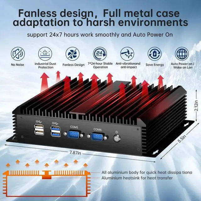 Alt view image 2 of 5 - Kinupute Industrial Mini PC, Fanless Desktop Computer Core i7-5500U 2.4-3.0GHz, Windows 10 Pro, 16GB RAM, 256GB SSD, 2xNICs, 6xCOM RS232, 4xUSB 3.0, HDMI/VGA Ports, Full Metal Case