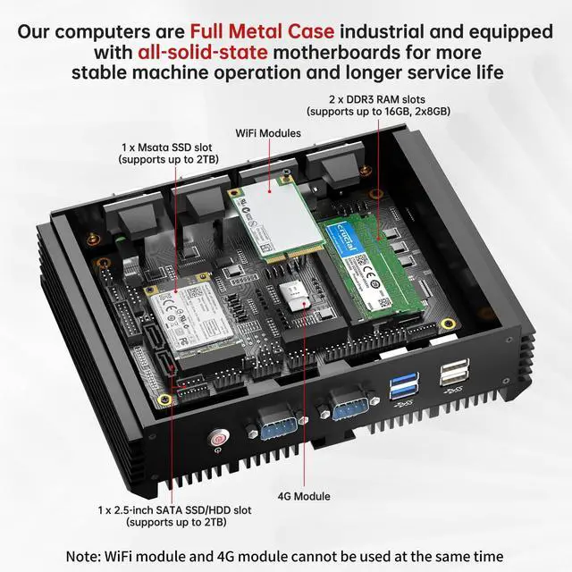 Alt view image 5 of 5 - Kinupute Industrial Mini PC, Fanless Desktop Computer Core i7-5500U 2.4-3.0GHz, Windows 10 Pro, 16GB RAM, 256GB SSD, 2xNICs, 6xCOM RS232, 4xUSB 3.0, HDMI/VGA Ports, Full Metal Case