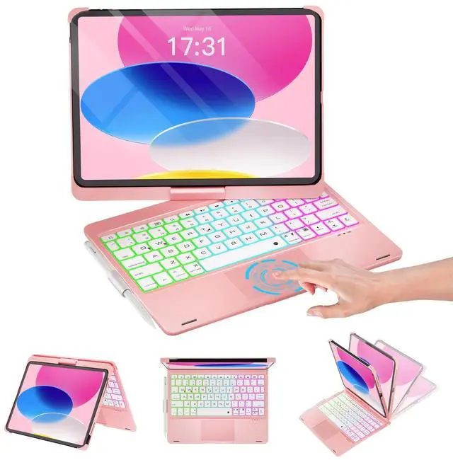Main image of Baisla iPad 10th Generation Case with Keyboard 10.9"& iPad 11th(A16) & iPad Air 11 (M3/M2), Multi Trackpad, 360 Swivel & Rainbow Backlit for iPad Air 5th/4th,iPad Pro 11 4th/3rd/2nd/1st-Metallic Pink