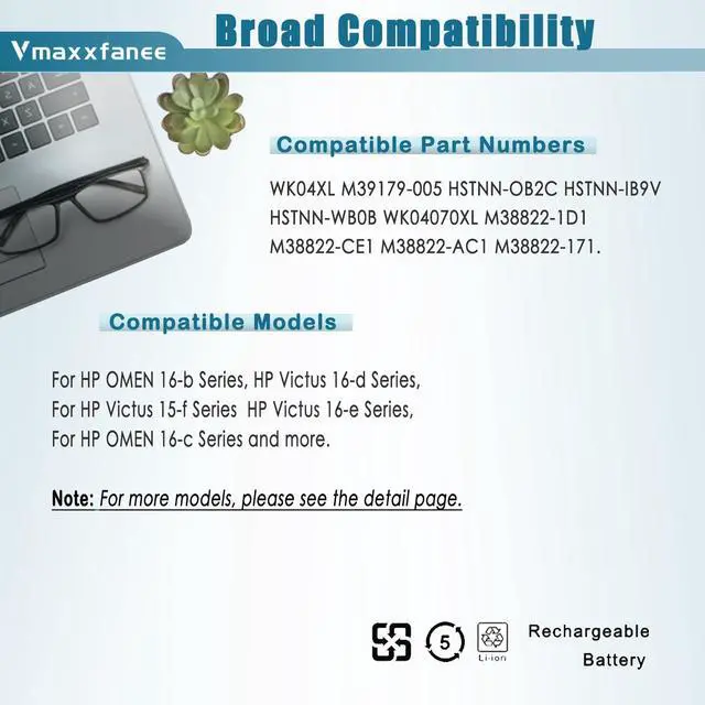 Alt view image 5 of 5 - Vmaxxfanee WK04XL M39179-005 Laptop Battery Replacement for HP OMEN 16-B 16-C Victus 16-E 16-D 15-F 16-D0023DX 16-D0001UR 16-D1113TX 16-E0029UR 16-E0005UA Series M38822-1D1 HSTNN-OB2C HSTNN-IB9V