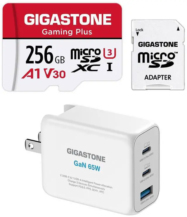 Main image of Gigastone 256GB Micro SD Card, Gaming Plus with 65W USB C Charger GaN PPS Multiple Port Intelligent Power Allocation
