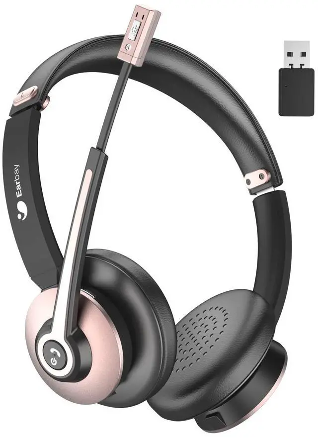 Main image of Earbay Bluetooth Headset with Microphone, Wireless Headset with Noise Cancelling Mic, On Ear Headphone with USB Dongle & Mute Button, 26hrs Talk time for PC/Office/Zoom/Skype Rose Gold